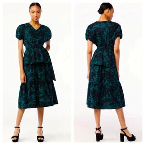 SCOOP | Women's Green and Black Tiered Skirt Midi Dress with Ruched Sleeves